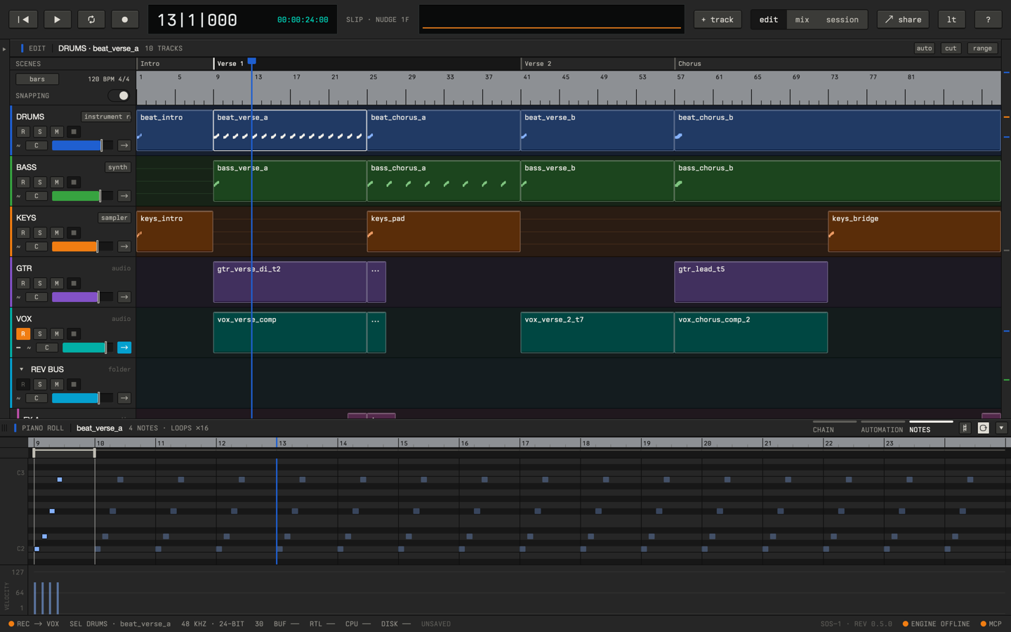 The Sostenuto edit view: a multi-track arrangement of drum, bass, keys, guitar and vocal clips over a bar ruler, with a drum pattern open in the piano roll below, notes on a pitch grid above a velocity lane.
